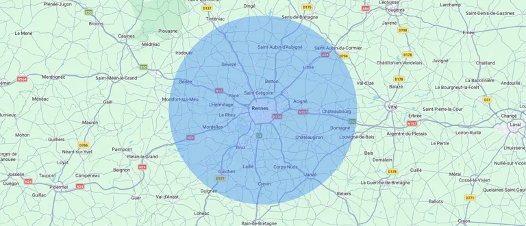 Carte montrant zone de consultation à domicile dans un rayon de 25km autour de Rennes
